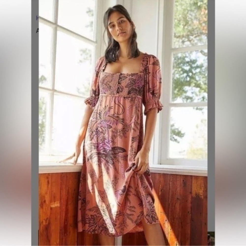 Anthropologie boho Smocked Floral Botanical Midi Dress with puff sleeves